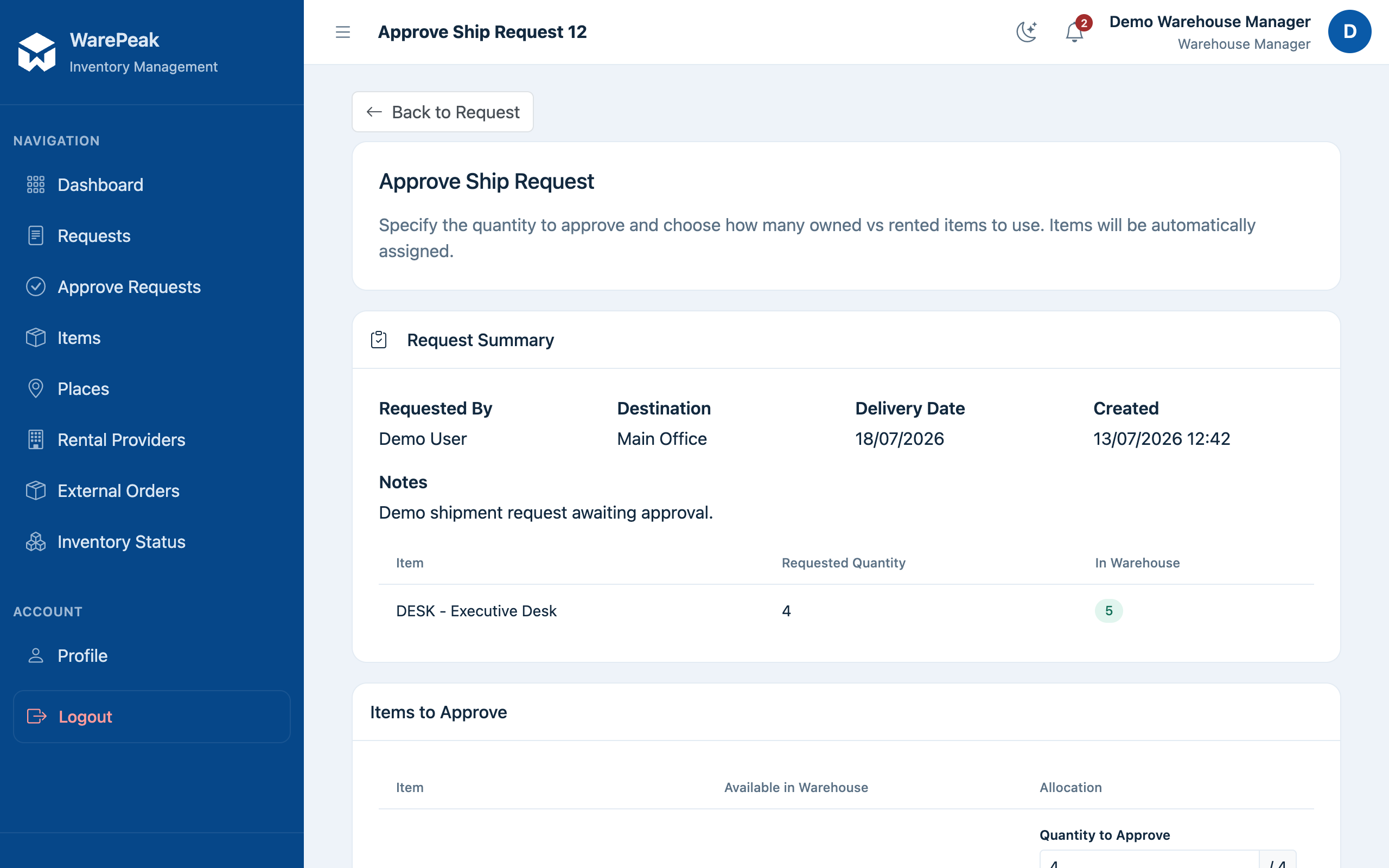 approve page with the request summary and quantity assignment per item type