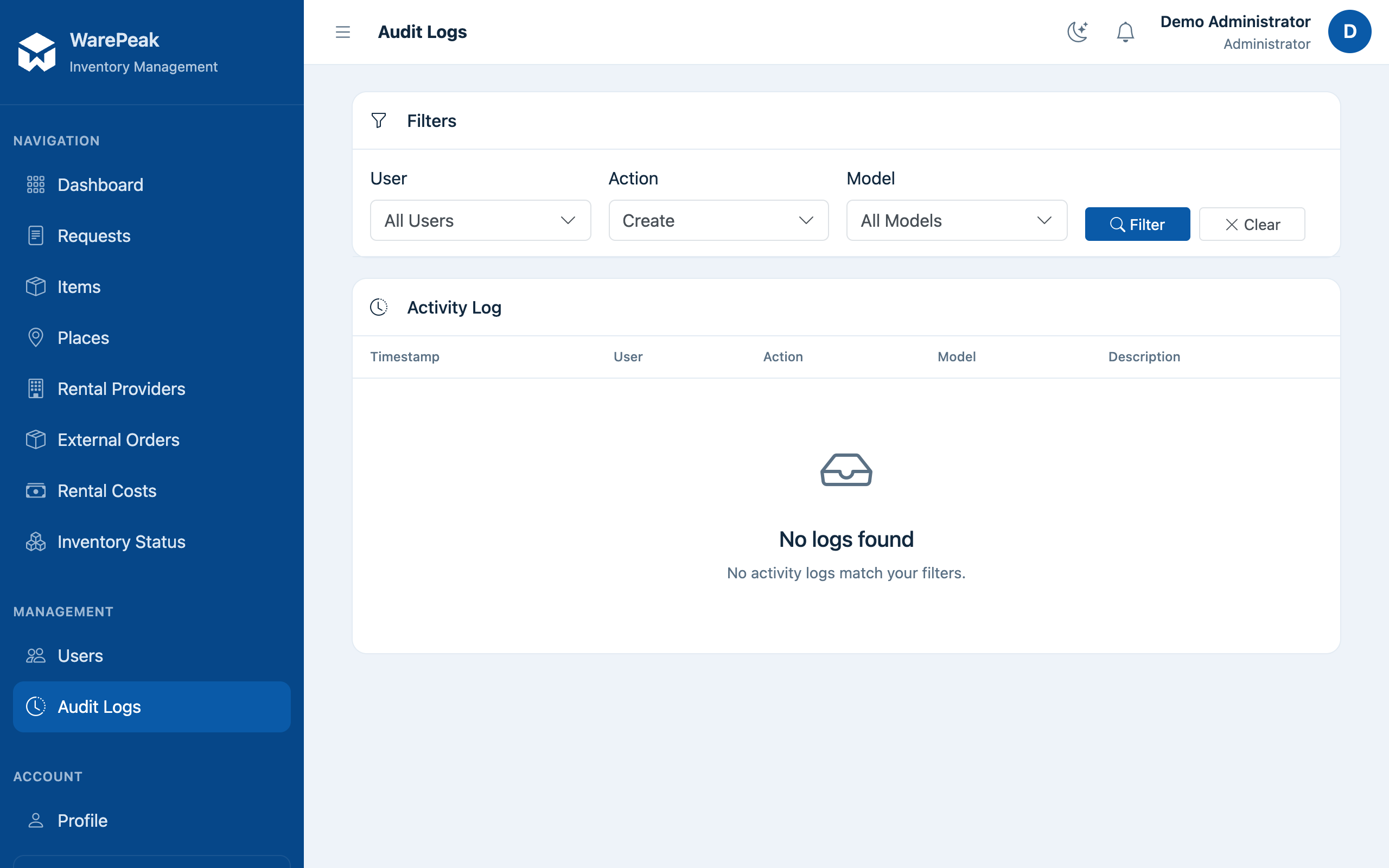 audit log filters applied