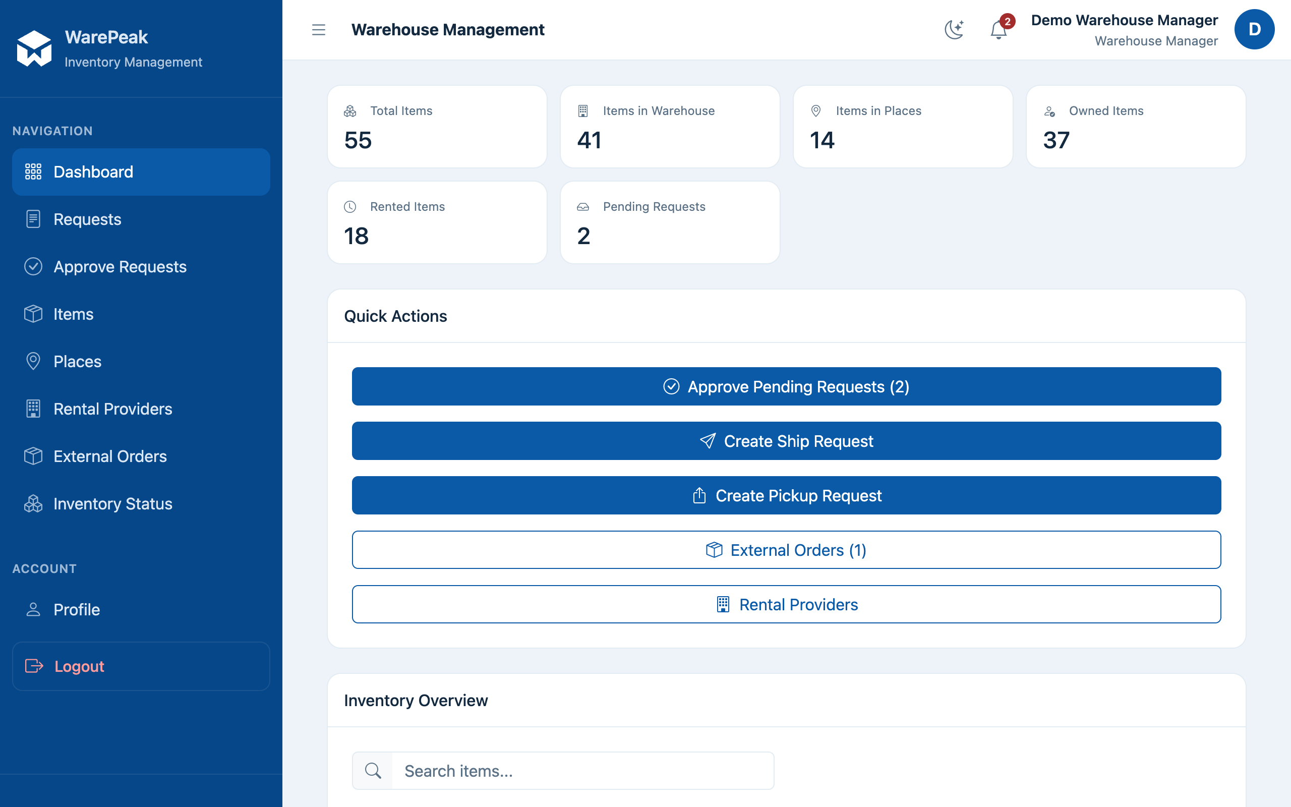 Warehouse Manager dashboard with KPIs and pending requests