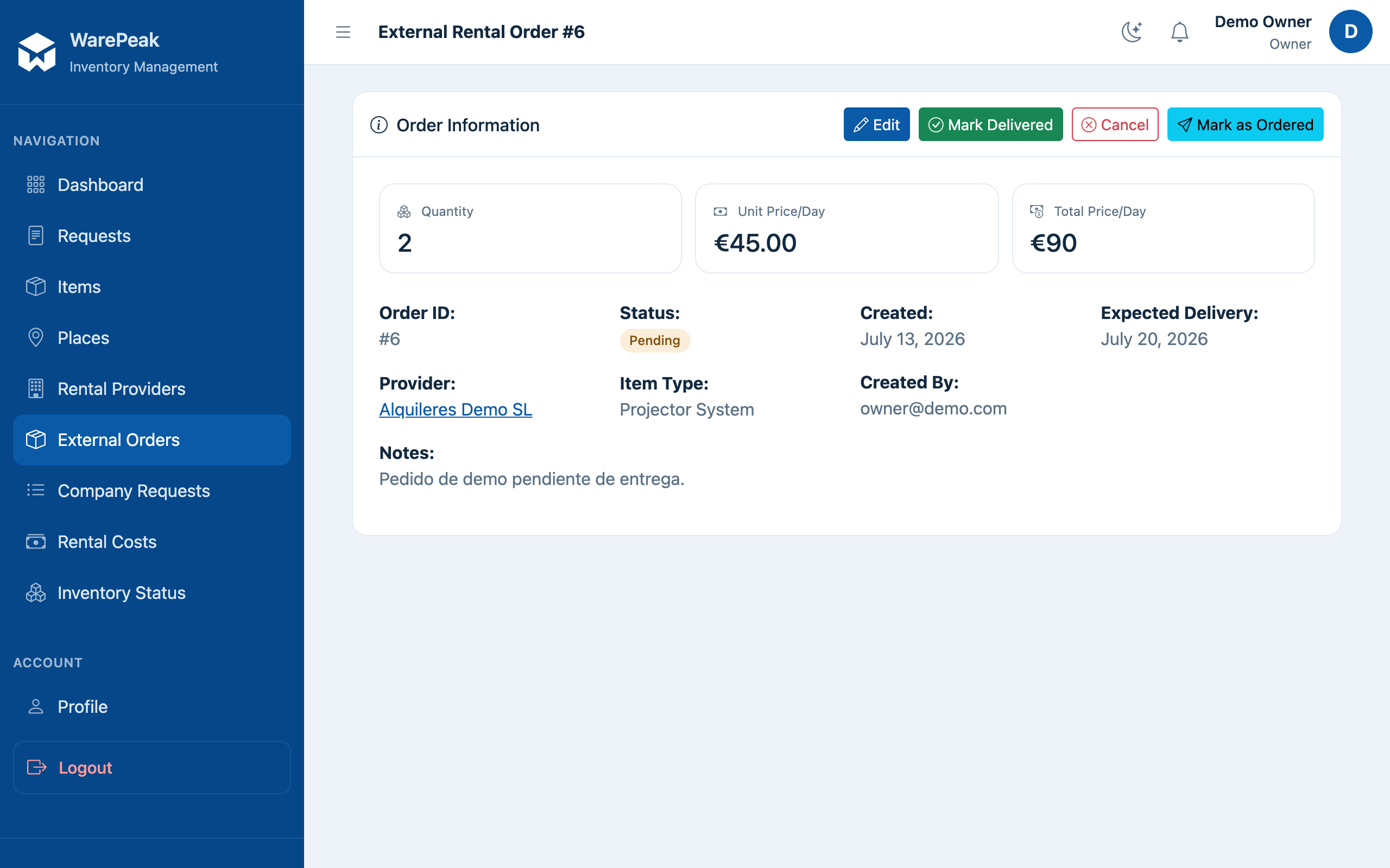 detail page of a newly created external order, Pending status