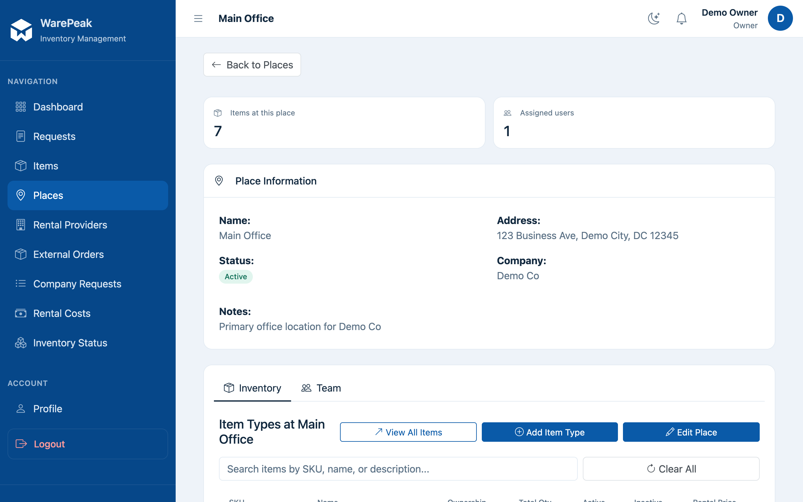 place detail page with its inventory by type