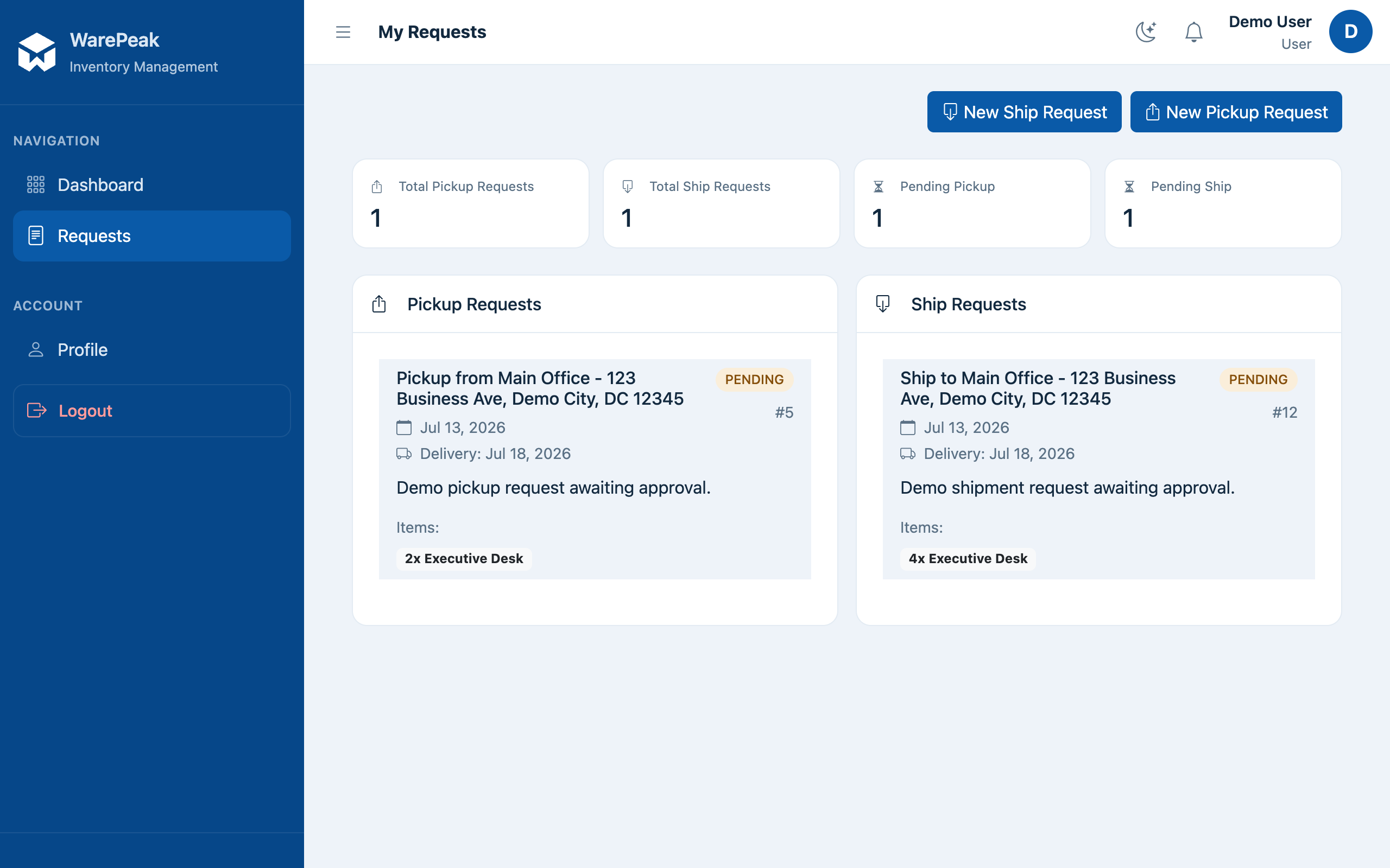 request list with status pills