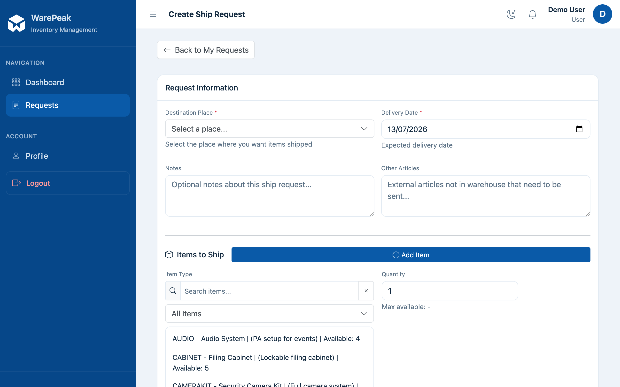 empty ship request creation form