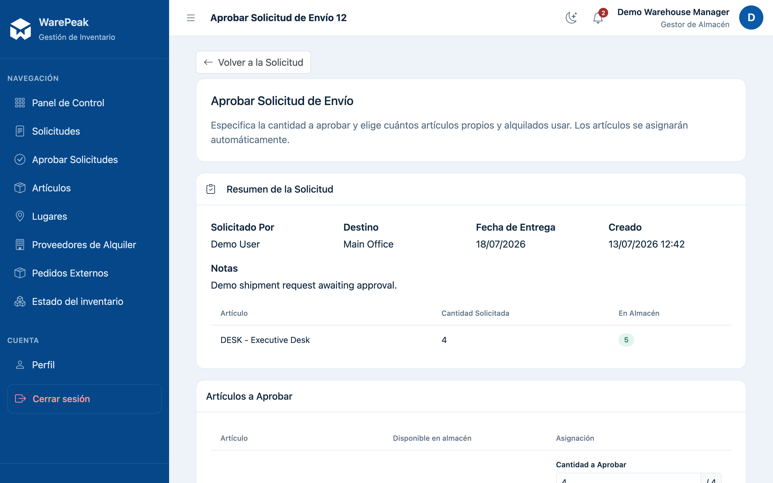 página de aprobar con el resumen de la solicitud y la asignación de cantidades por tipo de artículo
