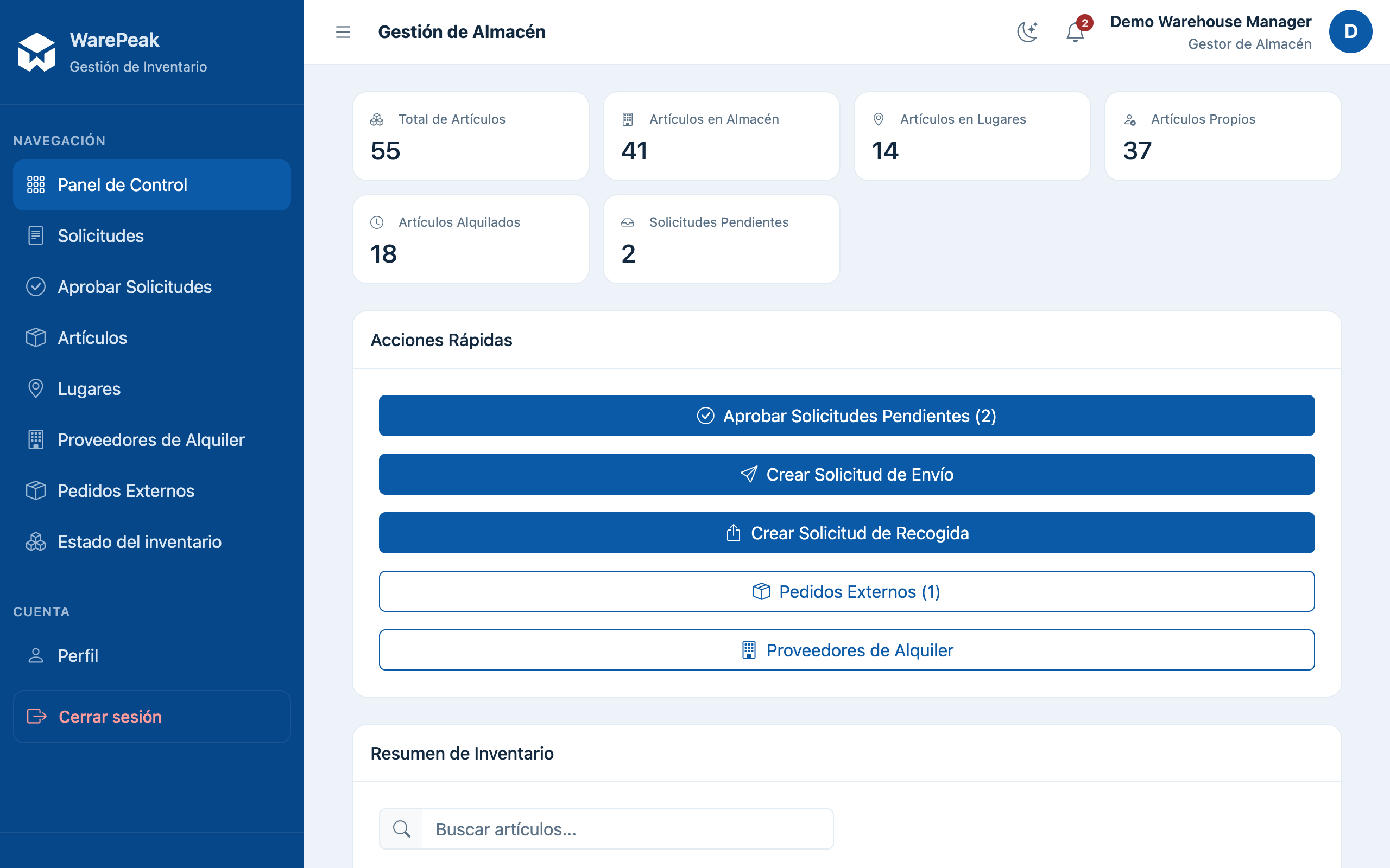 panel del Jefe de Almacén con KPIs y solicitudes pendientes