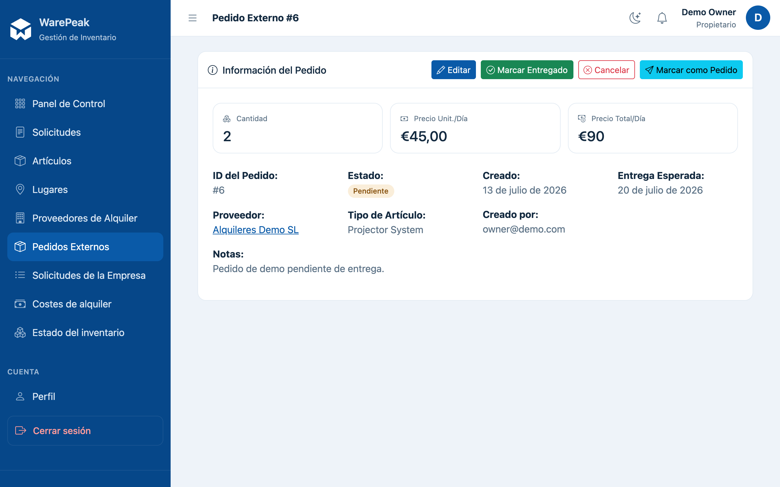 ficha de un pedido externo recién creado, estado Pendiente