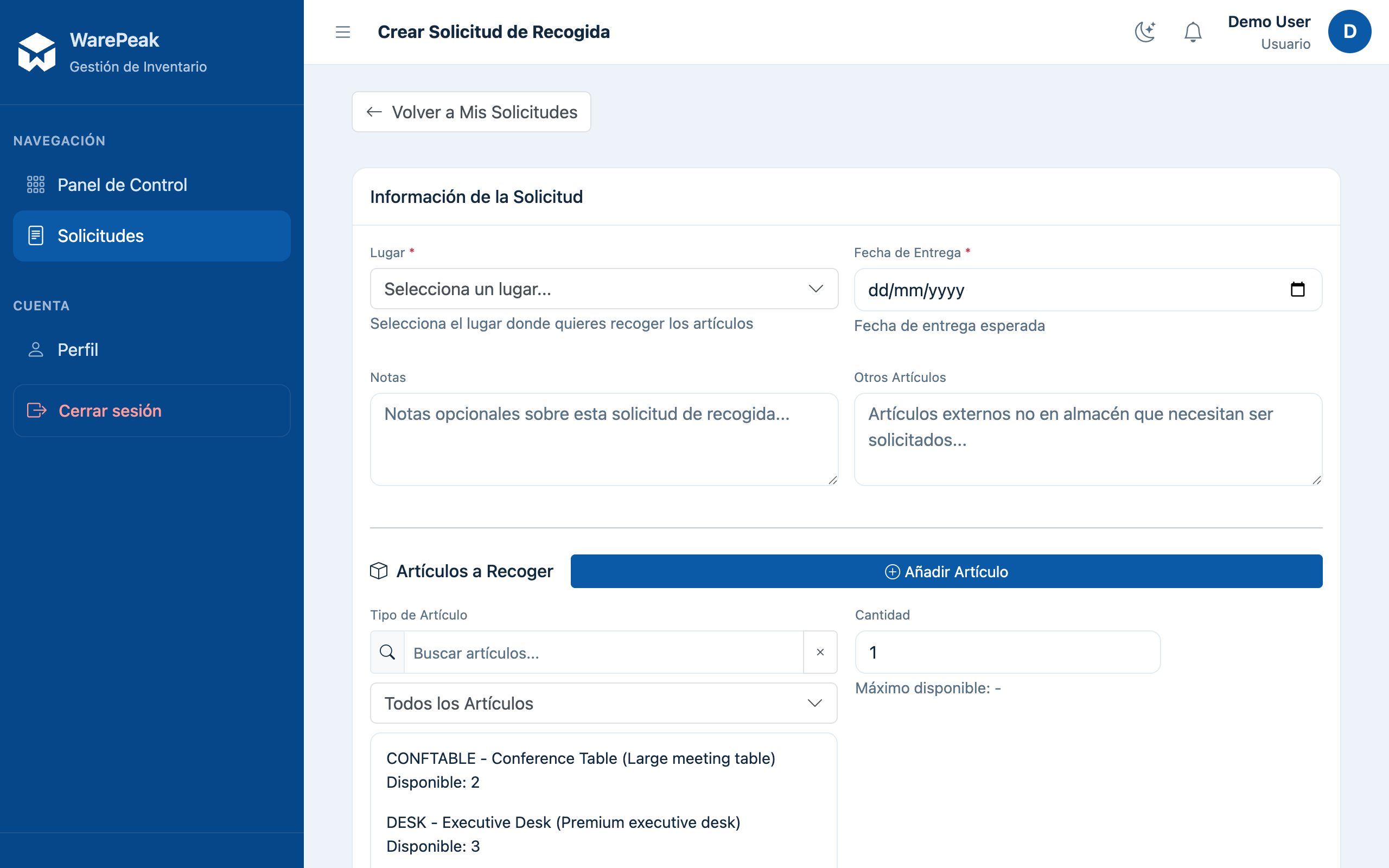 formulario de creación de solicitud de recogida, vacío