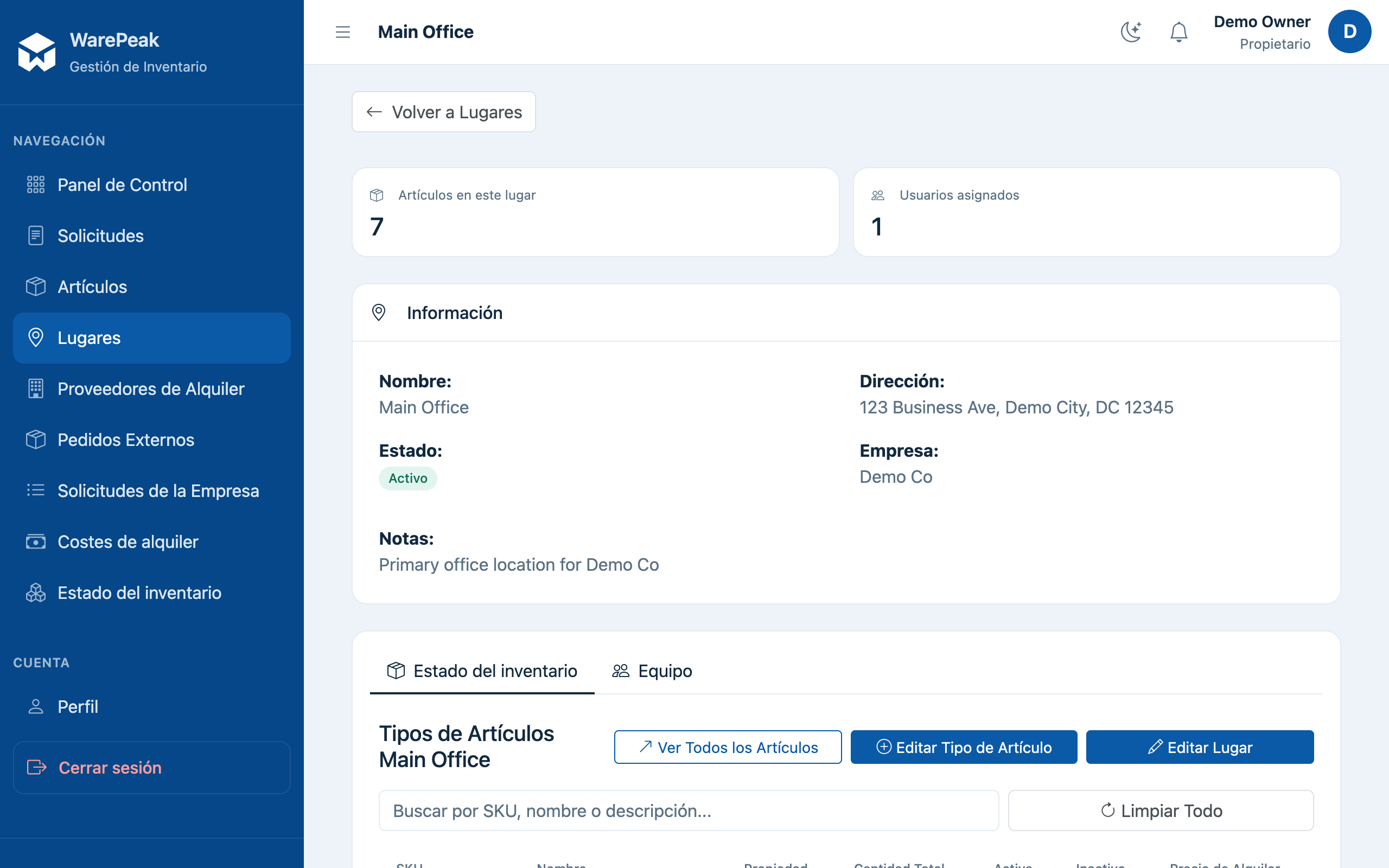 ficha de detalle de un lugar con su inventario por tipo