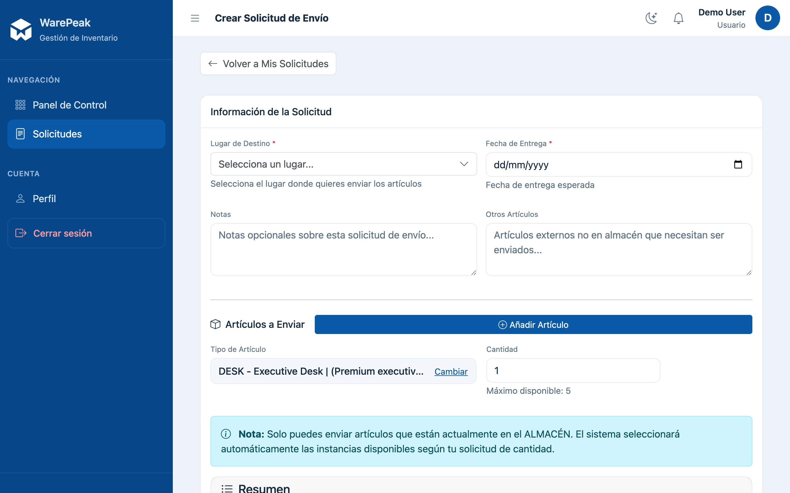 picker de artículos con un tipo ya seleccionado mostrando el chip compacto y el botón Cambiar