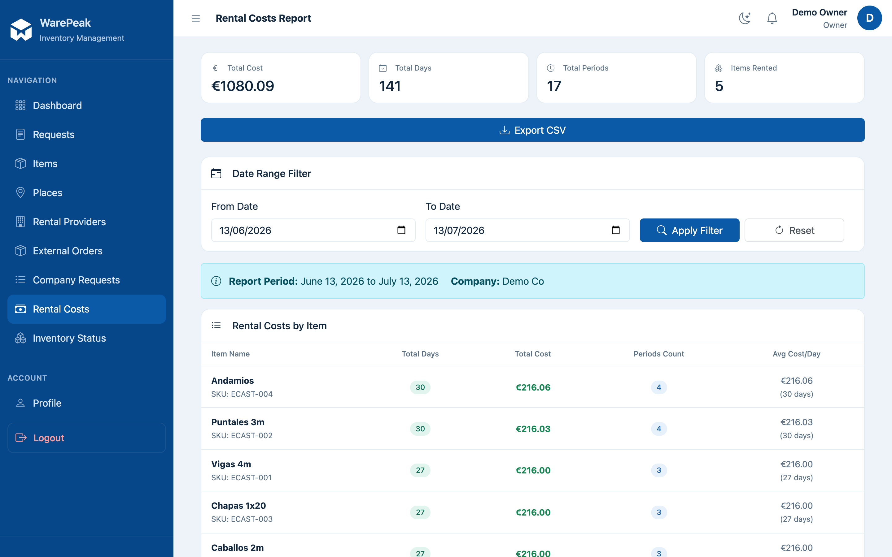 Rentals, reports and export